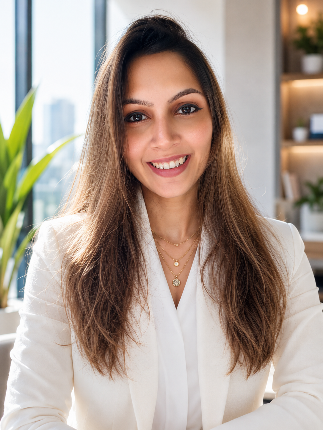 Portrait of Tanu Bheda in a cream linen blazer, standing in profile against a warm bone-colored architectural wall.